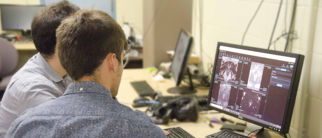 Two researchers in a computer lab observing the biomedical imaging data on a computer screen. 